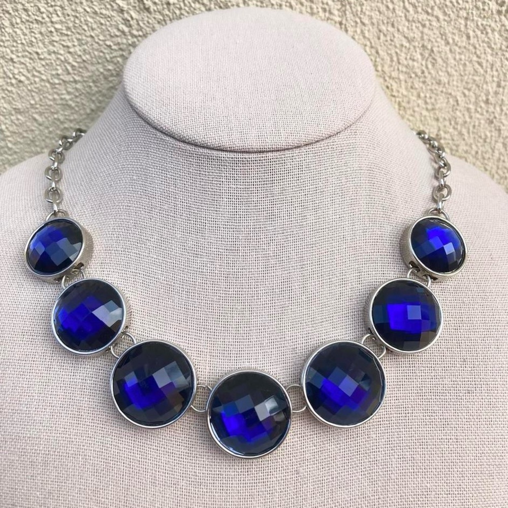 Chunky faceted sapphire blue cabochon gemstone silver chain necklace whimsigoth